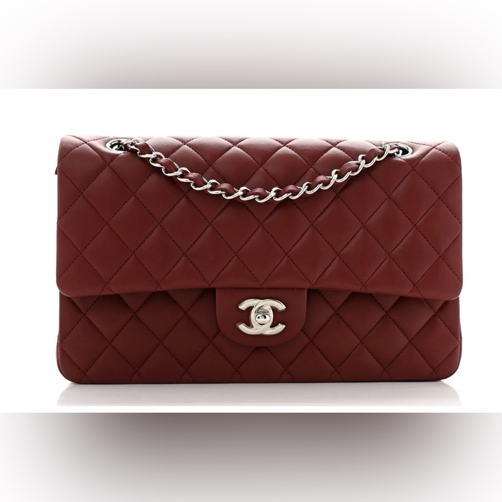 CHANEL Double Flap MAXI Shoulder Bag - Wine Red with Silver Caviar leather